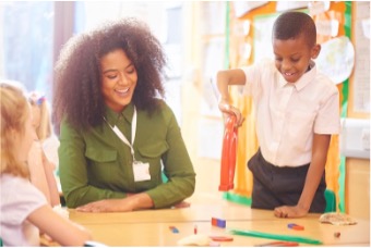 A black teacher sits at a table in an early childhood classroom with a young black student and a young white student